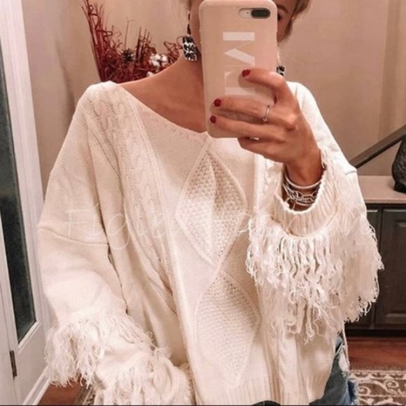 Shop Fig Sweaters - New Bohemian Fringe Textured White Sweater